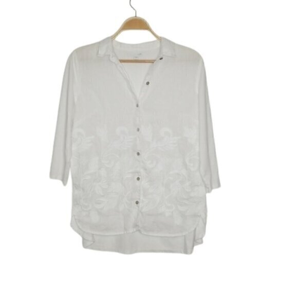 J. Jill White 100% Linen Floral Embroidered Button Down Tunic Top - Picture 2 of 6